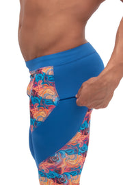 mens leggings | side view of men's blue abstract spandex tights with secure zip pocket