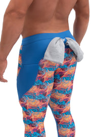 leggings for men | side view of blue printed abstract compression pants for men with t-shirt loop