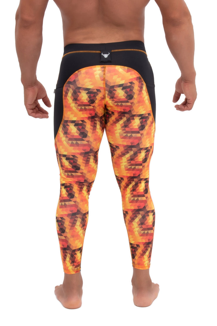 back side of orange starburst compression pants for men with towel loop