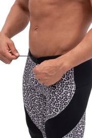adjustable snow leopard printed leggings for men with drawstring