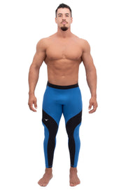 male model wearing blue and black compression pants