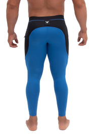 backside of solid blue and black leggings for men with towel loop