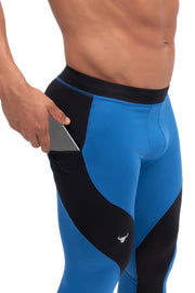 side view of blue and black men's compression tights with phone pockets