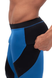 side view of blue and black compression pants for men with zip pockets