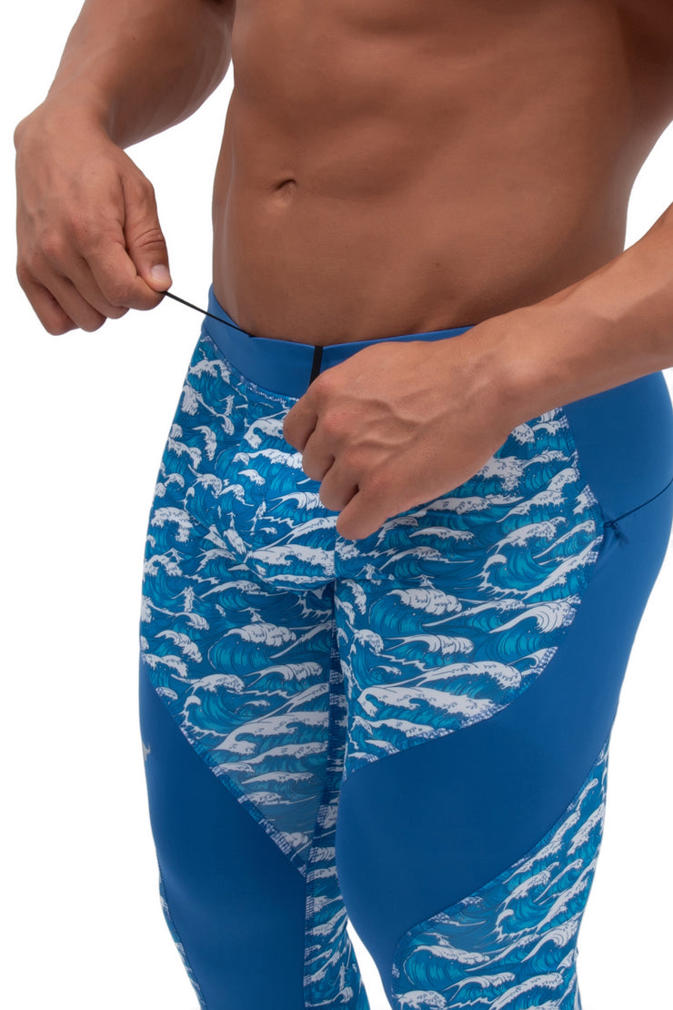 Adjustable ocean blue tsunami leggings for men