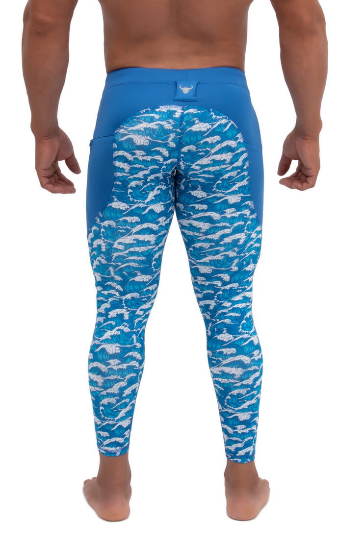 Back side of men's blue tsunami leggings with towel loop