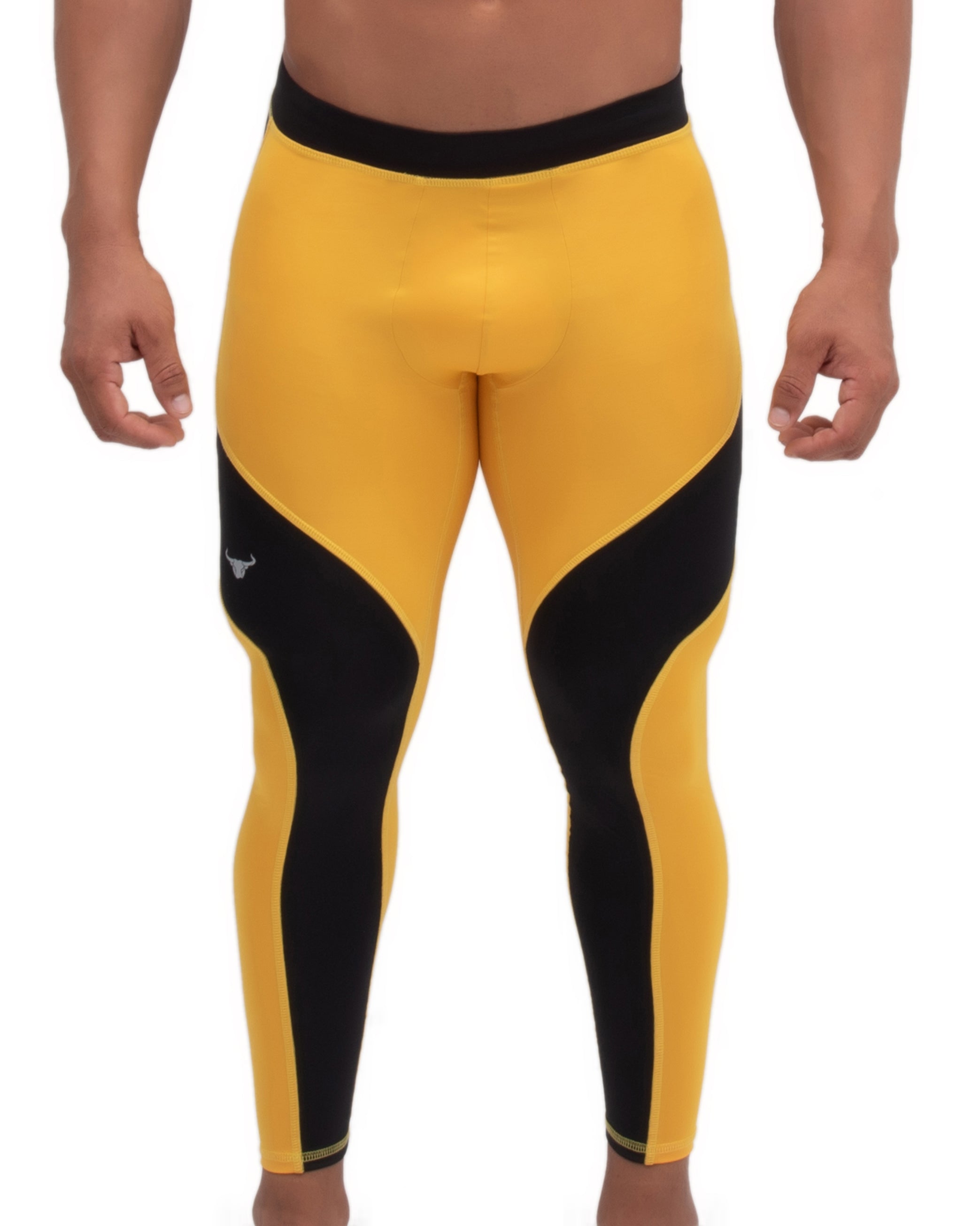 Men's Skinfit Black Yellow Spandex Tights Compression Pants Small 32